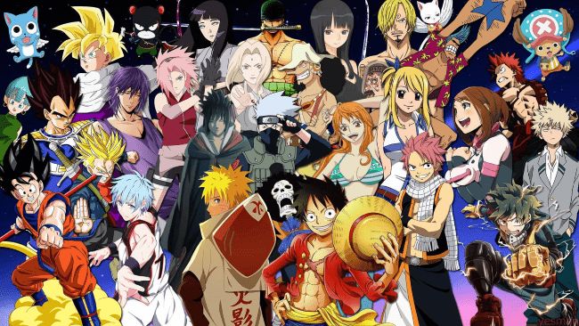 Anime Merchandise Kategoriebild mit vielen Anime Charakteren aus Dragon Ball, Demon Slayer, My Hero Academia, Naruto und Pokemon